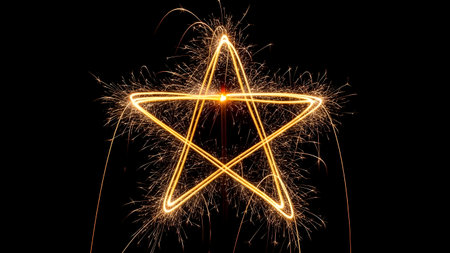 A vibrant image showcasing a star-shaped sparkler against a dark background, emitting bright sparks in all directions. The star is clearly defined with a glowing outline, creating a festive and celebratory atmosphere.の素材