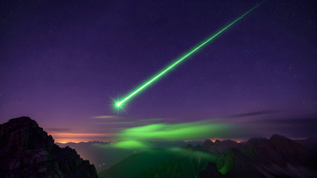 A vivid green meteor streaks across the night sky, illuminating a mountainous landscape below. The aurora borealis adds a green glow to the horizon, creating a breathtaking celestial display.の素材