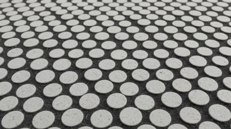 This image features a close-up view of a surface adorned with a repeating pattern of black and white circles. The circles are evenly spaced and uniformly sized, creating a visually appealing and symmetrical design. The texture of the circles adds depth to the pattern, enhancing its aesthetic appeal.の素材