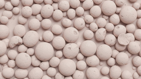 This image features a close-up view of a variety of light pink ceramic balls of different sizes. The balls are arranged in a seemingly random pattern, creating an interesting visual texture. The ceramic material gives the balls a smooth and slightly glossy finish, enhancing their aesthetic appeal.の素材