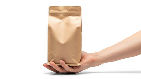 close up of a woman hand holding a coffee bag isolated on white backgroundの素材