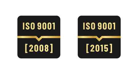 ISO 9001 2008 Label and ISO 9001 2015 Label Vector Isolated in Flat Style. ISO 9001 conformity to standards mark 2008 and 2015 years of standardization. ISO 9001 Label Vector.のイラスト素材
