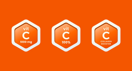Vitamin c label vector or vitamin c icon vector isolated on orange background. Illustration of vitamin C icon. The best Vitamin c label for health product or supplement design.のイラスト素材