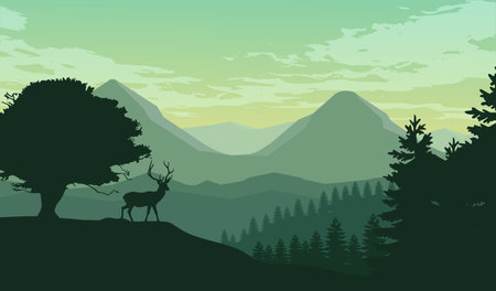 Reindeer in the mountains with forest landscape vector illustrationのイラスト素材
