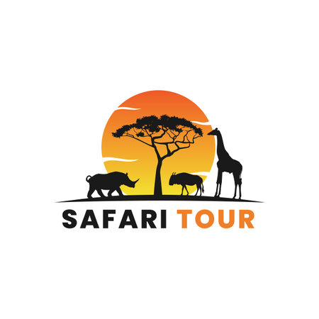 Safari Tour Logo Vector or Simple Safari Travel Logo Vector. Safari traveling. African wild animals silhouettes icon style design. Simple african travel logo.のイラスト素材