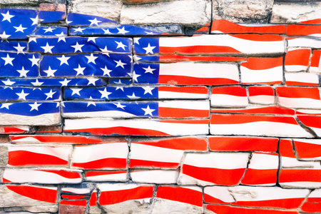 American flag background on old wall stones texture surfacing effect - USA national colors wallpaperの写真素材