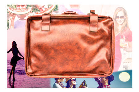 Travel luggage on tropical collage background of people holidays night and day fun activities - Vintage brown suitcase with copy space on photo collection of friends vacations happy beach momentsの写真素材