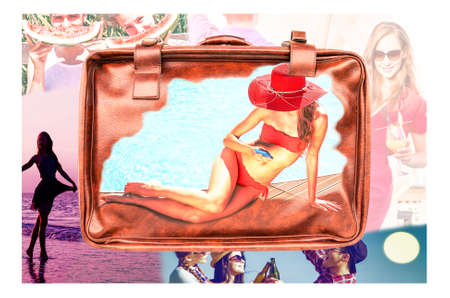 Travel collage with beautiful woman suntanning on cruise foreground and mixed holidays photos day and night party moments on background - Concept of getaway on tropical fun and relaxing vacationの写真素材