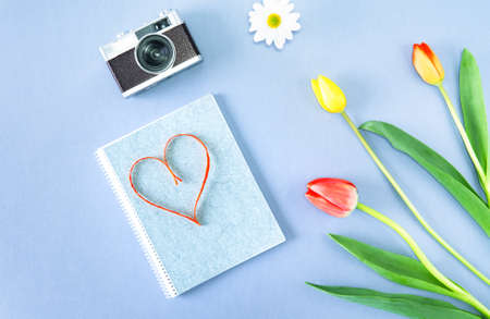 Red heart shape on notepad with  colorful spring flower and vintage camera - Romantic composition on gray background flat lay view from aboveの写真素材