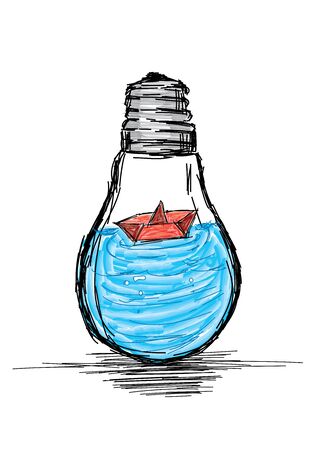 Explore the Ideas - Light Bulb with Ocean and Boat- Vector Illustrationのイラスト素材