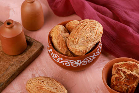 Bakery Fain Puff or Khari with Ajwain And Flour - Indian Baked Snackの写真素材