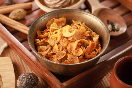 Indian Snacks Cornflakes Namkeen Food in an Antique Brass Bowlの写真素材