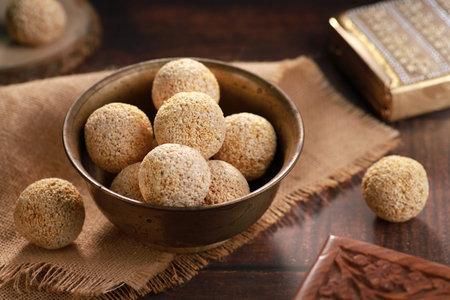 Indian Sweet Food Chaulai ke Ladoo in an antique bowl - Eaten during Prayer Fasting Navratri