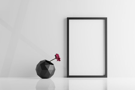 Photo Frame Mockup with a Flower Vase on White Background - 3D Illustration