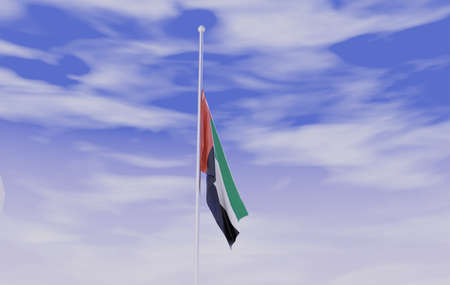 UAE United Arab Emirates Flag Half Mast - Sign of Mourning - 3D Illustrationの写真素材