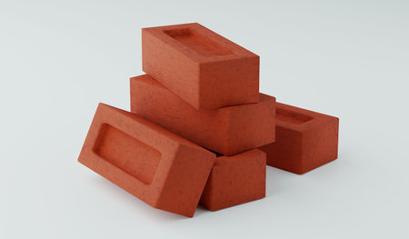 Solid Red Clay Bricks for Construction Isolated on White Background - 3D Illustrationの写真素材
