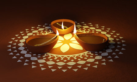 Earthen Clay Handmade Diwali Oil Lamps - 3D Illustration Renderの写真素材