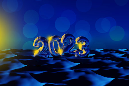 2023 Happy New Year Foil Balloon on Blue Desert Sand - 3D Illustration Render