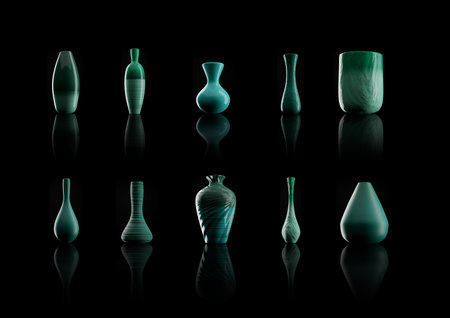 Ten different flower vases in turquoise teal color - 3D illustration Renderの写真素材