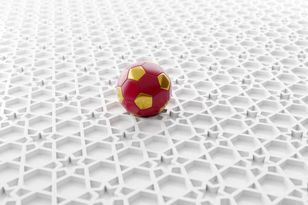 Soccer Ball on Abstract White Arabic Traditional Middle Eastern Pattern 3D Illustration Renderの写真素材