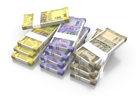 Indian Rupee 20, 100 & 500 Currency Note Bundles isolated on White Background - 3D Illustration...