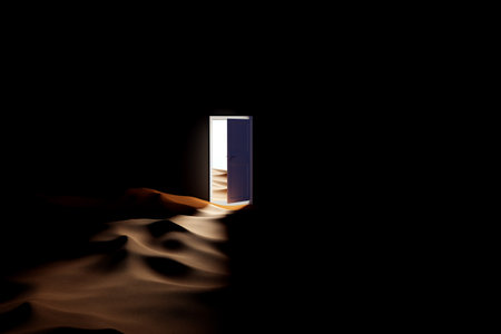 Open Door And Light Leading to Desert - Minimal concept. 3d Illustration Renderの写真素材