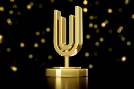 Golden Trophy Award on Black Background with Bokeh - 3D Illustration Renderの写真素材