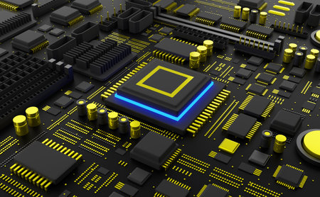 Gold and Black Computer MicroProcessor and Motherboard - 3D Illustration Renderingの写真素材