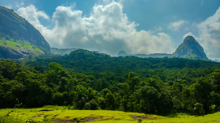 A wide landscape with mountains and trees in Indiaの写真素材