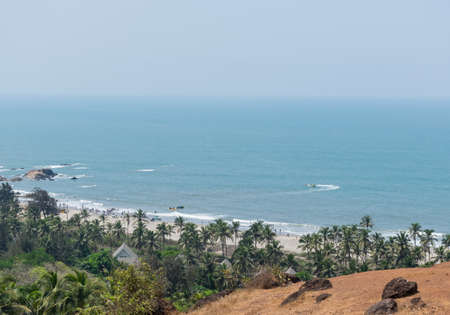 Panoramic view of beautiful Vagator beach from Chapora fort situated in North Goa, Indiaの写真素材