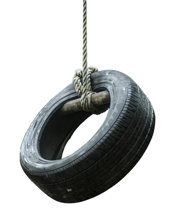 Tire swing on the rope isolated on white backgroundの写真素材