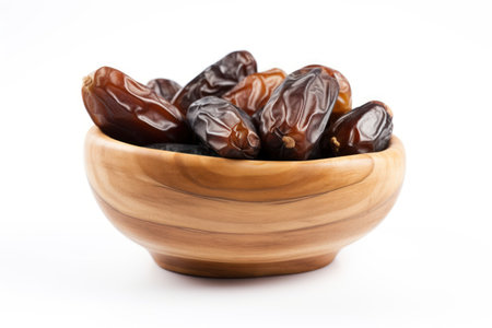Dates fruits in wooden bowl isolated on white background with clipping pathの素材
