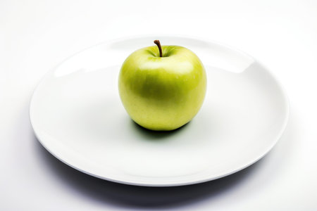 Green apple on a white plate isolated on white background. Studio shot.の素材
