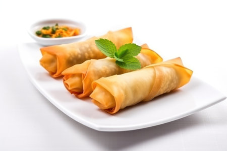 Fried spring rolls on a white plate with sauce on a white backgroundの写真素材