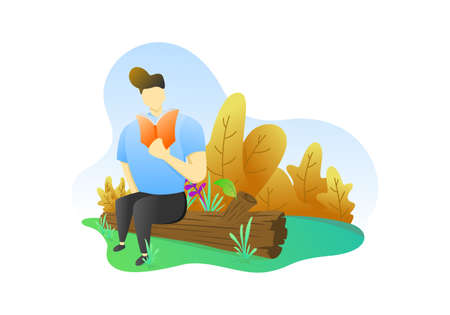 flat man reading a book in the park and beautiful natural illustrationsのイラスト素材