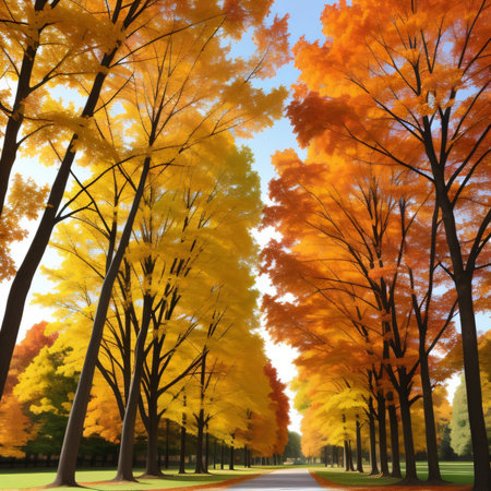 Autumn trees and road in the park. 3d illustration.の素材