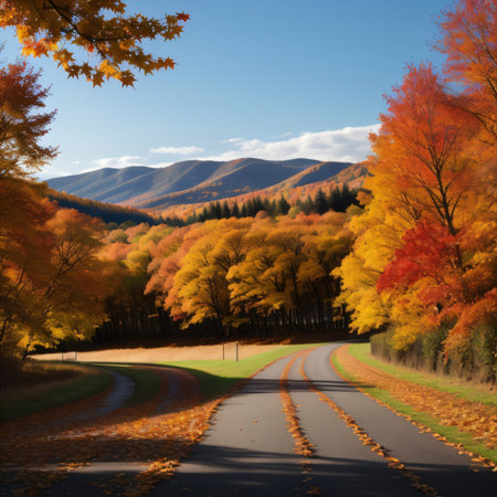 Autumn road in the mountains with colorful trees and blue sky.の素材