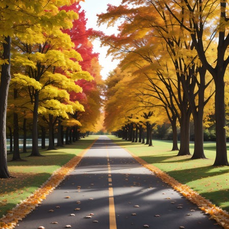 Beautiful autumn landscape with road and colorful trees in the park.の素材