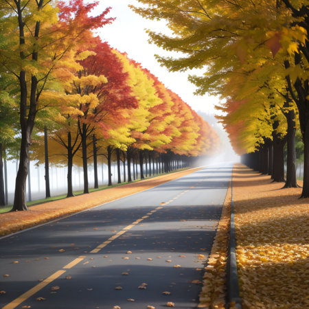 Autumn road with yellow leaves and foggy background.の素材