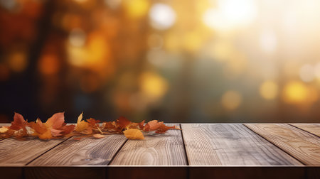 Wooden table and autumn leaves on bokeh background with copy spaceの素材