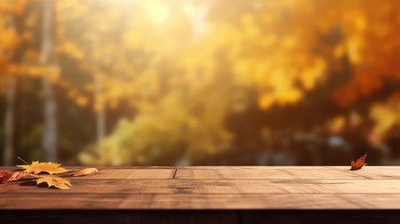 Wooden table with autumn leaves on bokeh nature background.の素材