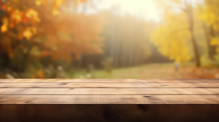 Wooden table background in front of blurred autumn landscape. Collage.の素材