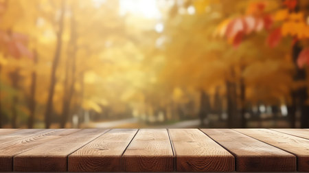 Empty wooden table background. Perspective brown wood over blurred autumn park with trees.の素材