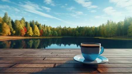 Coffee cup on wooden table with forest and lake background.の素材