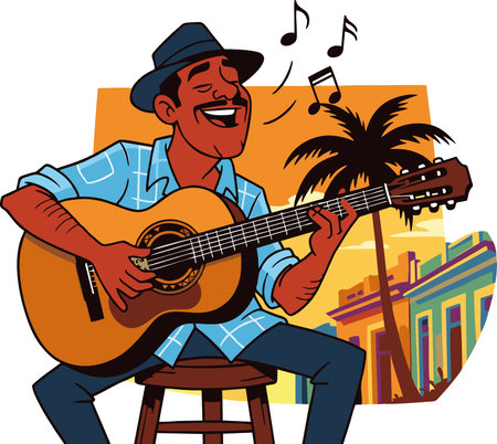 Illustration of a man playing guitar with palm tree in the backgroundのイラスト素材