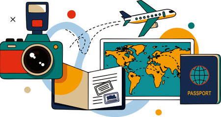 Traveling around the world with your camera, passport, ticket and airplane.のイラスト素材
