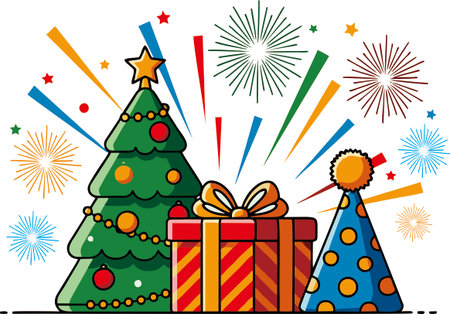 christmas tree with gift box and fireworks vector illustration eps 10のイラスト素材