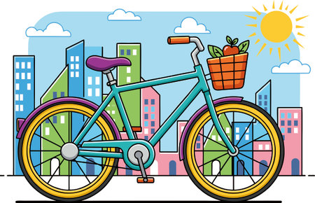 Bicycle with basket of apples on the background of the city.のイラスト素材