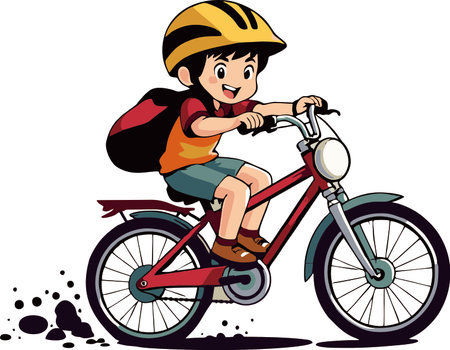 boy riding a bicycle on a white background, vector illustration in a cartoon styleのイラスト素材