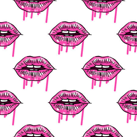 Vector hand-painted seamless pattern with ink with hand drawn woman s lipsのイラスト素材
